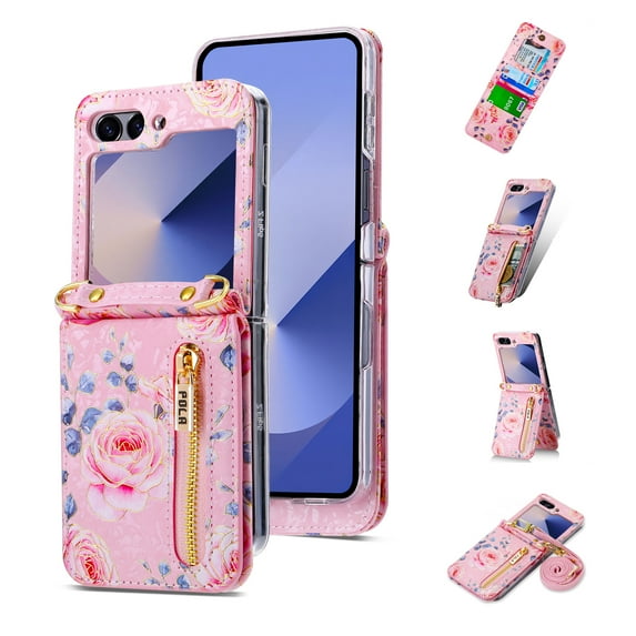 for Samsung Galaxy Z Flip 4 Flower Wallet Case with Credit Card Holder & Flip Stand, Charming Floral Rose Pattern Crossbody Zipper Pocket Purse Phone Cover for Galaxy Z Flip 4 Women Girls, Pink