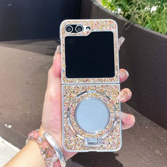 for Samsung Galaxy Z Flip 4 Glitter Case with Kickstand, Cute Luxury Bling Sparkly with Ring Holder Stand, Magnetic Support Wireless Charging, Shockproof Women Girls Protective Case, Gold