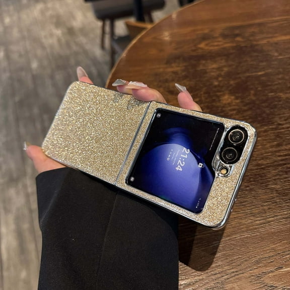 For Samsung Galaxy Z Flip 4 Glitter Phone Case,Cute Bling Sparkle Shiny Glitter Back Design,Electroplated Bumper Shockproof Ultra Slim Rugged Anti-Scratch Rugged Phone Case,Gold