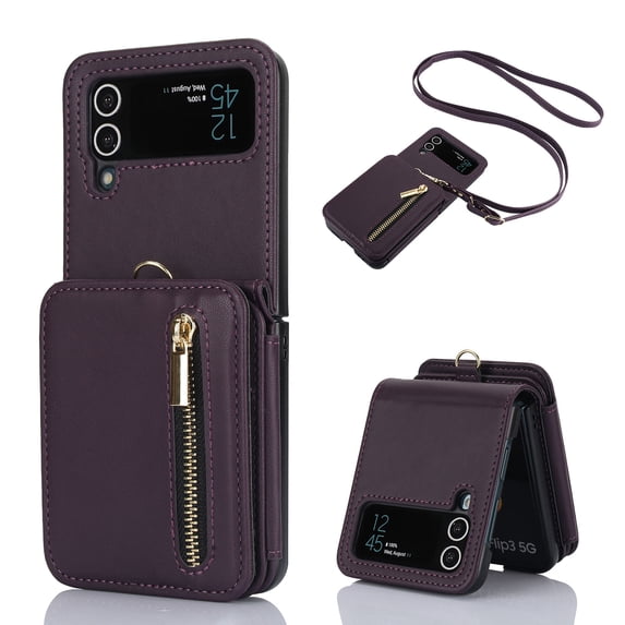 for Samsung Galaxy Z Flip 4 Luxury Zipper Wallet Phone Case, Multi-function Kickstand Card Holder Adjustable Crossbody Strap, Fashion Flip Case for Women and Girls RFID Blocking - Darkpurple