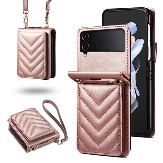 for Samsung Galaxy Z Flip 4 PU Leather Case, Luxury Shoulder Strap & Wristlet 3 Card Slots Magnetic Snap Shockproof Protective Elegant Phone Case Cover for Samsung Galaxy Z Flip 4, Pink