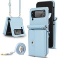 thumbnail image 1 of For Samsung Galaxy Z Flip 4 PU Leather Case, Stylish Crossbody Strap Wristband Card Slots Magnetic Snap RFID Blocking Drop Protective Rugged Case for Samsung Galaxy Z Flip 4, Blue, 1 of 7