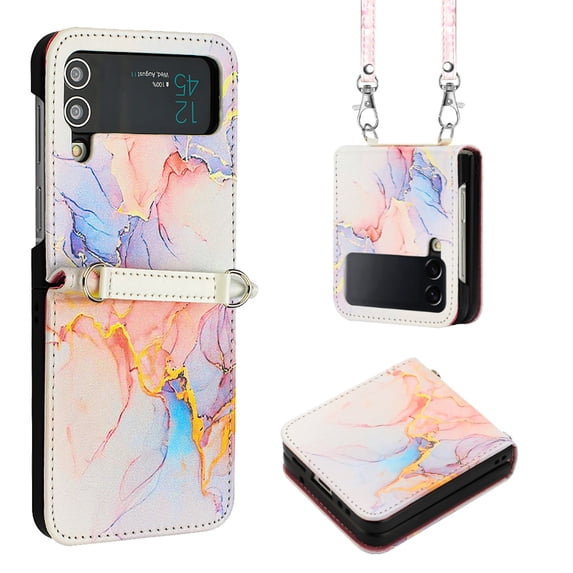 for Samsung Galaxy Z Flip 4 PU Leather Wallet case, Marble Pattern Credit Card Holder,Flip Folio Book Kickstand Cover Women Men with Long Strap for Samsung Galaxy Z Flip 4 ,Galaxy White Marble