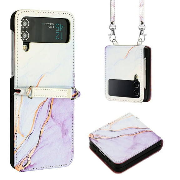 for Samsung Galaxy Z Flip 4 PU Leather Wallet case, Marble Pattern Credit Card Holder,Flip Folio Book Kickstand Cover Women Men with Long Strap for Samsung Galaxy Z Flip 4 5G,White+Purple