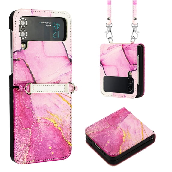 for Samsung Galaxy Z Flip 4 PU Leather Wallet case, Marble Pattern Credit Card Holder,Flip Folio Book Kickstand Cover Women Men with Long Strap for Samsung Galaxy Z Flip 4 5G,Pink Purple Gold