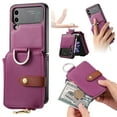 thumbnail image 1 of for Samsung Galaxy Z Flip 4 PU Leather Zipper Wallet Case, Cash Card Slots, Finger Ring Multi-Functional Kickstand Shockproof Phone Case Cover for Samsung Galaxy Z Flip 4 5G, Purple, 1 of 9