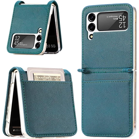 for Samsung Galaxy Z Flip 4 Phone Case with Card Holder,PC Hard Shockproof Back Cover Slim Durable Protective PU Leather Phone Case Cover for Samsung Galaxy Z Flip 4 5G PZ Green