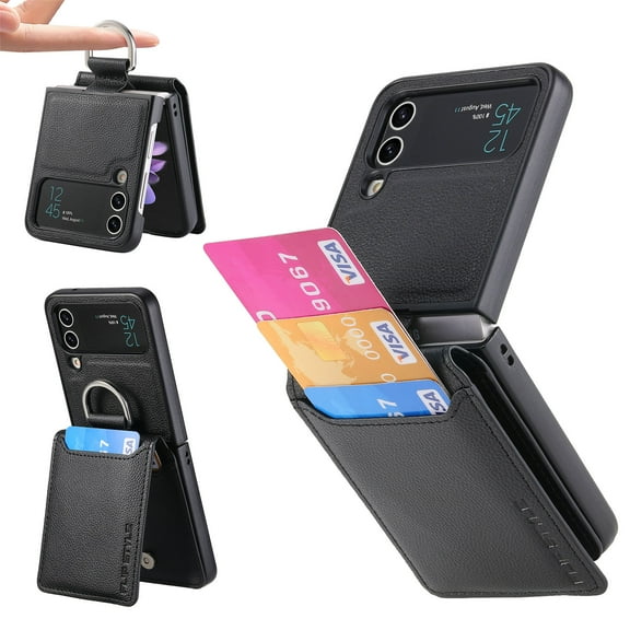 for Samsung Galaxy Z Flip 4 Wallet Case with Card Holder Kickstand & Ring, Premium PU Leather Shockproof Protective Pocket with Magnetic Clasp Flip Case for Samsung Galaxy Z Flip 4, Black