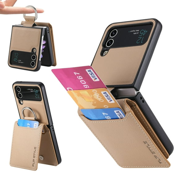 for Samsung Galaxy Z Flip 4 Wallet Case with Card Holder Kickstand & Ring, Premium PU Leather Shockproof Protective Pocket with Magnetic Clasp Flip Case for Samsung Galaxy Z Flip 4, Khaki