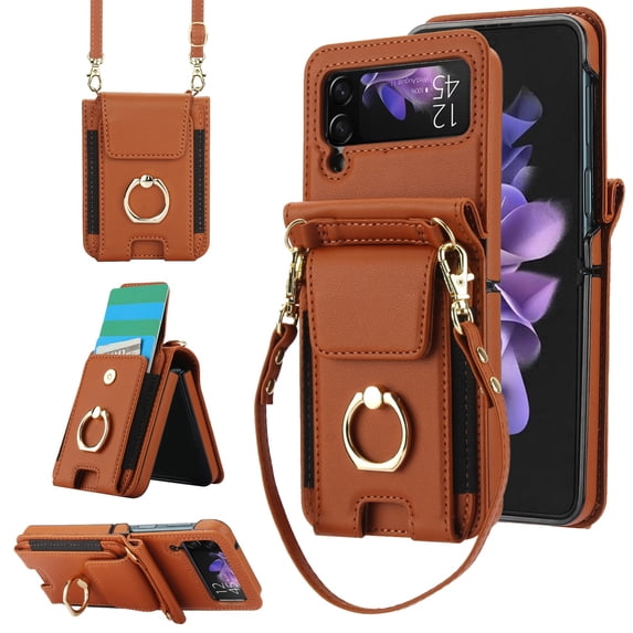 for Samsung Galaxy Z Flip 4 Wallet Case Crossbody, PU Leather Zipper Handbag Purse Flip Cover, Back Card Slots, Adjustable Shoulder Strap, Finger Ring Stand for Samsung Galaxy Z Flip 4, Brown