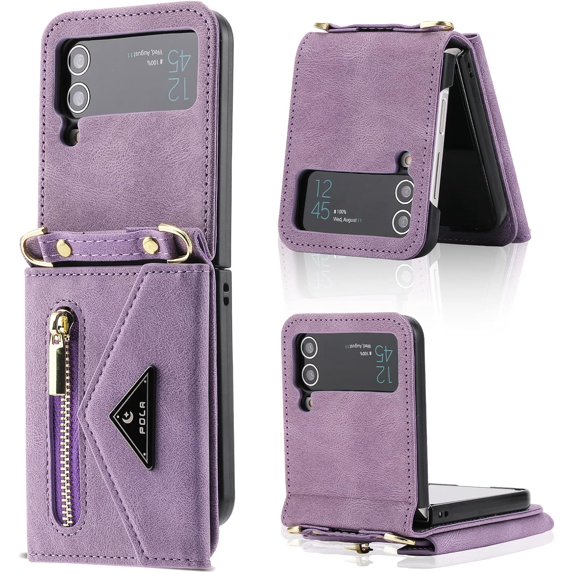 for Samsung Galaxy Z Flip 4 Wallet Case, Cute Luxury Business Leather Card Slot Card Package Phone Case with Lanyard Hard PC Bumper Anti-Fall Protector for Galaxy Z Flip 4 5G 2022 Women