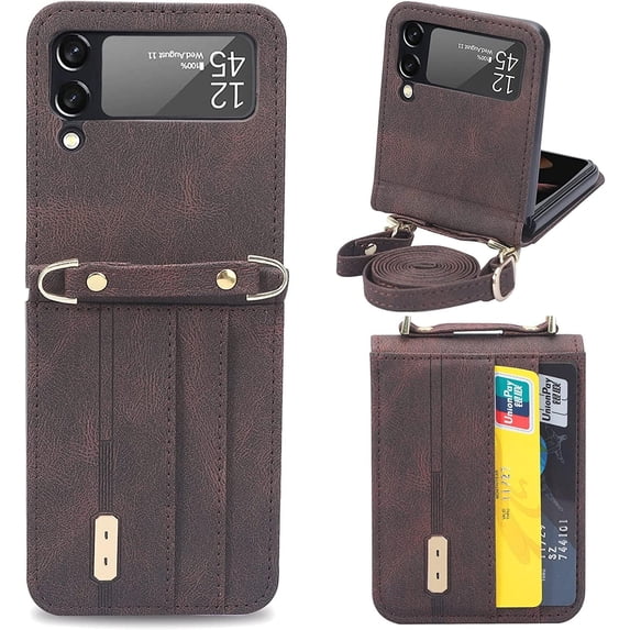 for Samsung Galaxy Z Flip 4 Wallet Case, Cute Luxury Business Leather Card Slot Card Package Phone Case with Lanyard Hard PC Bumper Anti-Fall Protector for Galaxy Z Flip 4 5G 2022 Women