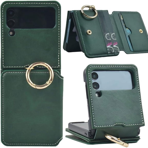 for Samsung Galaxy Z Flip 4 Wallet Case with Ring, [Retractable Hinge Cover] All-Round Protection Premium PU Leather Hard PC Back Cover Card Holder Wallet Phone Case for Z Flip 4 2022 - Green
