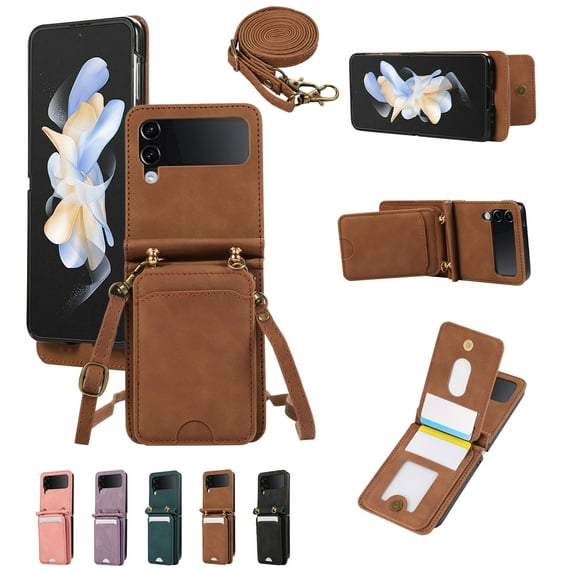 for Samsung Galaxy Z Flip 4 Wallet Case with Shoulder Lanyard Strap, Crossbody Phone Case with Card Holder Slots for Women Girls, Luxury PU Leather Flip Stand Purse Cover Shockproof Case, Brown