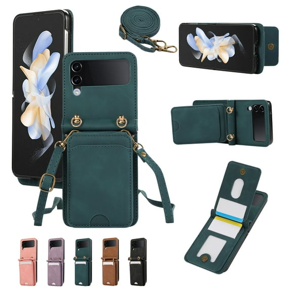 for Samsung Galaxy Z Flip 4 Wallet Case with Shoulder Lanyard Strap, Crossbody Phone Case with Card Holder Slots for Women Girls, Luxury PU Leather Flip Stand Purse Cover Shockproof Case, Green