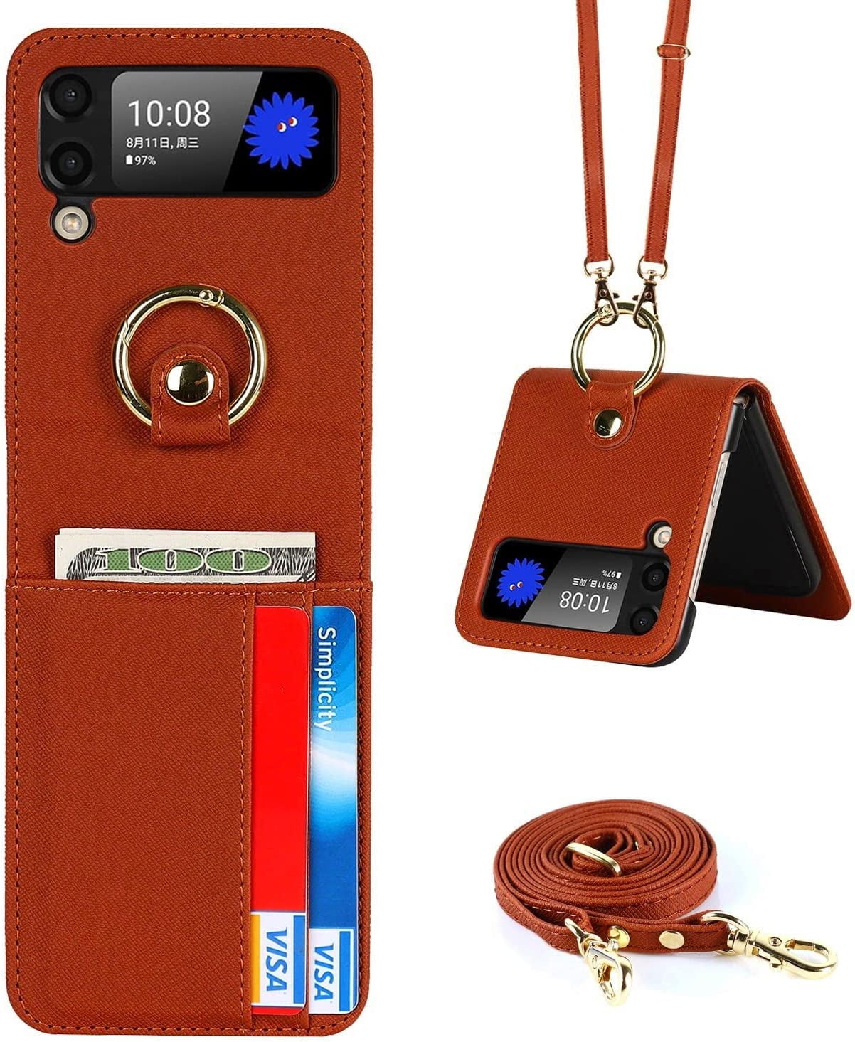 for Samsung Galaxy Z Flip 4 case with Card Holder, Lanyard Shoulder