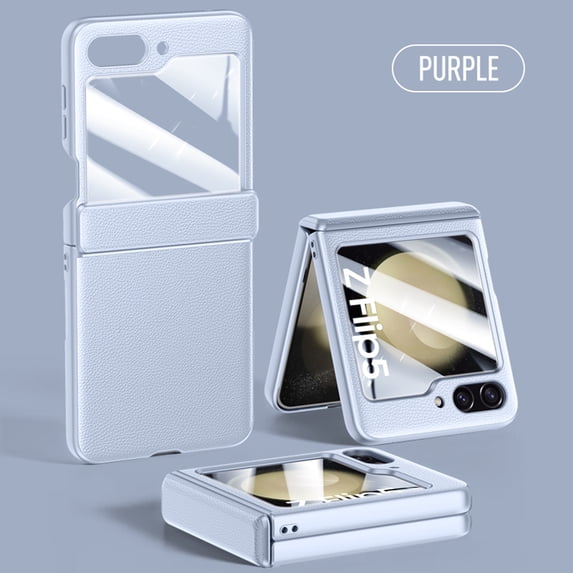 for Samsung Galaxy Z Flip 5 2023 Case Built-in Tempered Glass Screen Protector, PU Leather Slim Thin Drop Protective Phone Case Cover Compatible with Samsung Galaxy Z Flip 5 5G - Purple