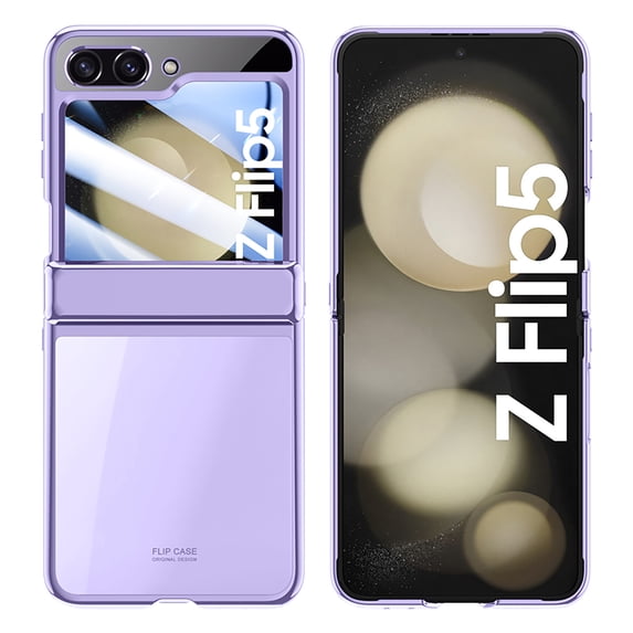 for Samsung Galaxy Z Flip 5 2023 Case with Hinge Protection, Ultra Thin Transparent Plating PC Crystal Cover Front Glass Magnetic All-Inclusive Case for Samsung Galaxy Z Flip 5, Purple