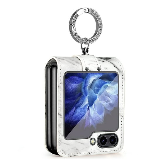for Samsung Galaxy Z Flip 5 2023 with Ring Holder, Luxury PU Leather Phone Cases with Bling Diamond Stand Flip Plating Bumper Shockproof for Samsung Galaxy Z Flip 5 5G Women Girls, White