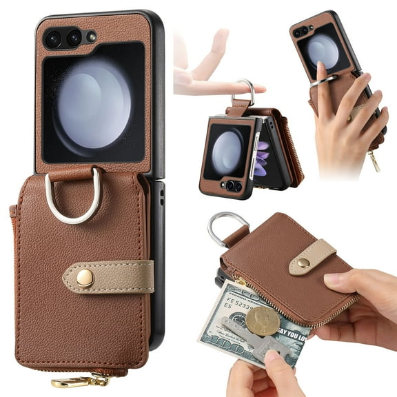 for Samsung Galaxy Z Flip 5 2023 Zipper Storage Wallet Function Case, Classic Women Girls Premium PU Leather Purse Card Holder Anti-drop Phone Case for Samsung Galaxy Z Flip 5 5G - Brown