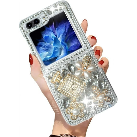 for Samsung Galaxy Z Flip 5 5G Case,Luxury Bling Diamond Rhinestone Gemstone 3D Perfume Bottle and Flower Gemstone Soft TPU Back Cover Case for Women Girls with Galaxy Z Flip 5 5G (2023)