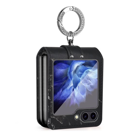 for Samsung Galaxy Z Flip 5 5G Case with Ring, Faux Leather Plating Frame Small Screen Protection Luxurious Beauty Shock Resistant Scratch Proof Hard Case for Samsung Galaxy Z Flip 5, Black
