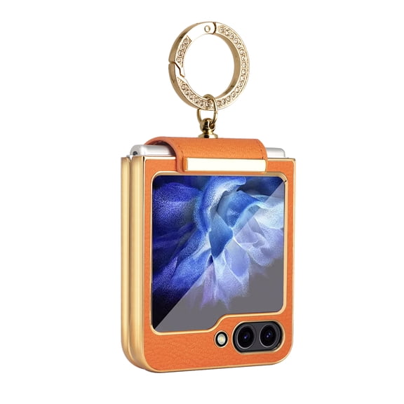 for Samsung Galaxy Z Flip 5 5G Case with Ring, Faux Leather Plating Frame Small Screen Protection Luxurious Beauty Shock Resistant Scratch Proof Hard Case for Z Flip 5 2023, Orange