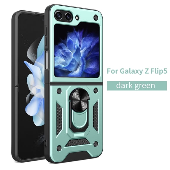for Samsung Galaxy Z Flip 5 5G Case, with Ring Kickstand and Camera Protection,Heavy Duty Protective Shockproof Protective Rubber PC Phone Back Cover for Samsung Galaxy Z Flip 5, Green
