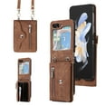 thumbnail image 1 of for Samsung Galaxy Z Flip 5 5G Case Wallet for Men Women, Removable Adjustable Shoulder Strap & Lanyard Flip PU Leather Slim Back Zipper Purse Magnetic Clasp Case with Card Slot Holder Stand - Brown, 1 of 11
