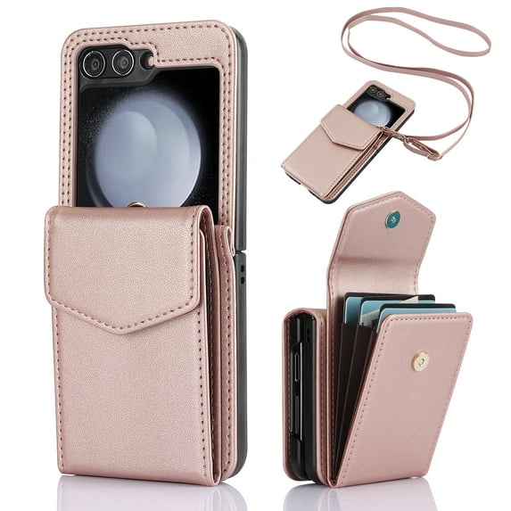 Samsung Galaxy Z Flip 5 Accordion Crossbody Wallet Case,Stylish and Versatile PU Leather Adjustable Strap Long line Flip Case with Magnetic Closure and Card Holder for Men/Women,Rosegold