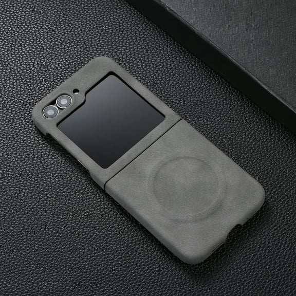 for Samsung Galaxy Z Flip 5 Back Case, Premium PU Leather Anti-fall Ultra Slim Shockproof Drop Protective Classic Strong Magsafe Business Phone Case Cover for Samsung Galaxy Z Flip 5, Gray