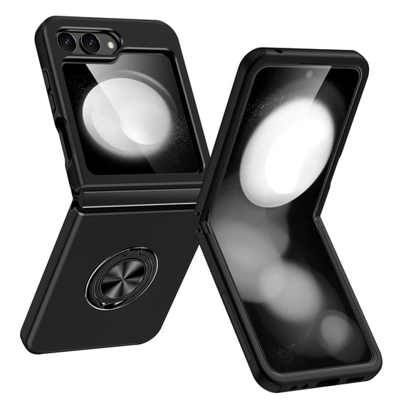 for Samsung Galaxy Z Flip 5 Case, 360° Rotatable Ring Holder Kickstand Dual Layer Military-Grade Drop Tested Protection Support Car Holder Mount Magnetic Absorbing Bumper Phone Case, Black