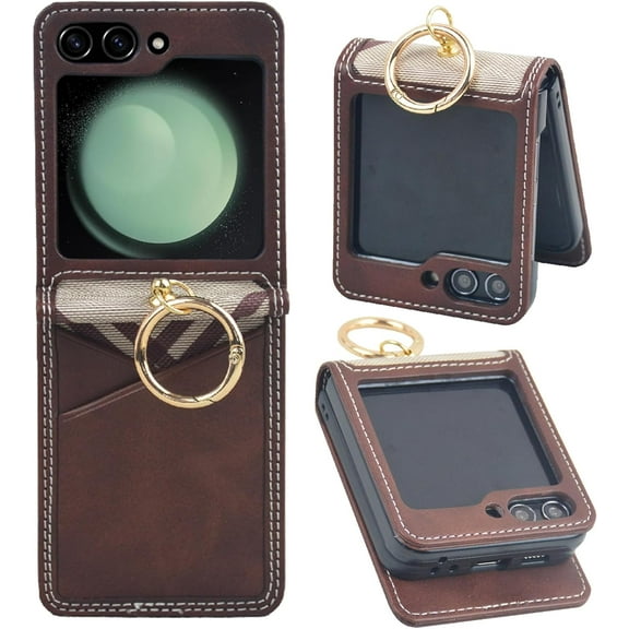 for Samsung Galaxy Z Flip 5 Case with Card Holder & Ring, Premium PU Leather Back Cover Hard PC Bumper All-Round Protection Protective Phone Case for Z Flip 5 2023 - Coffee