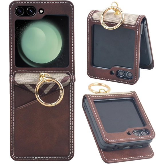 for Samsung Galaxy Z Flip 5 Case with Card Holder & Ring, Premium PU Leather Back Cover Hard PC Bumper All-Round Protection Protective Phone Case for Z Flip 5 2023 - Coffee