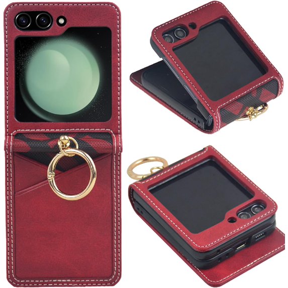 for Samsung Galaxy Z Flip 5 Case with Card Holder & Ring, Premium PU Leather Back Cover Hard PC Bumper All-Round Protection Protective Phone Case for Z Flip 5 2023 - Red