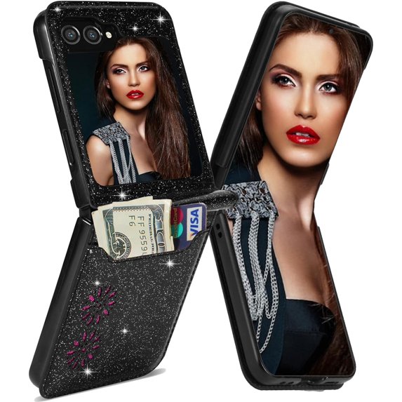 for Samsung Galaxy Z Flip 5 Case with Card Holder for Women, Bling Glitter Premium Leather Wallet Phone Case Protective Cover for Samsung Galaxy Z Flip5 5G XKK Black