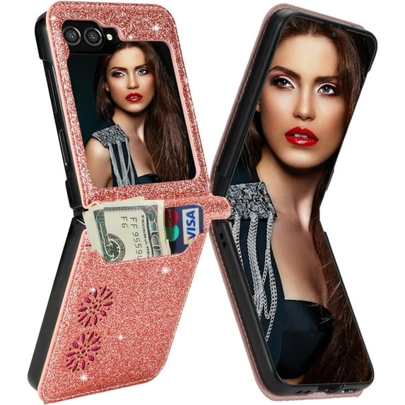 for Samsung Galaxy Z Flip 5 Case with Card Holder for Women, Bling Glitter Premium Leather Wallet Phone Case Protective Cover for Samsung Galaxy Z Flip5 5G XKK Rose Gold