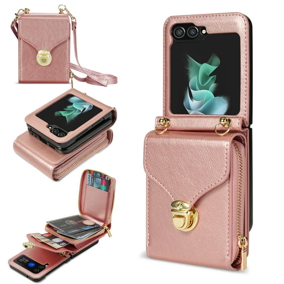 Samsung Galaxy Z Flip 5 Case with Card Holder for Women Phone Case Wallet with Strap Credit Card Slots Crossbody Strap with Kickstand Zipper Shockproof Case For Samsung Galaxy Z Flip 5,Rosegold