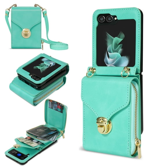 Samsung Galaxy Z Flip 5 Case with Card Holder for Women Phone Case Wallet with Strap Credit Card Slots Crossbody Strap with Kickstand Zipper Shockproof Case For Samsung Galaxy Z Flip 5,Mint