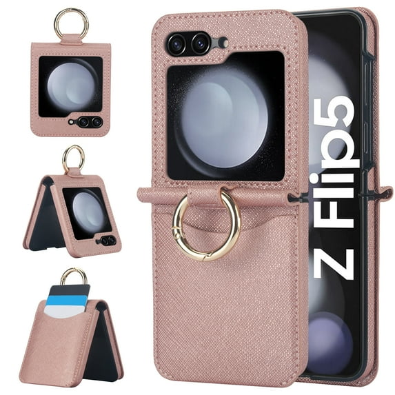 for Samsung Galaxy Z Flip 5 Case, Classic Premium PU Leather Flip Case with Card Holder Shockproof Drop Protective Ring Holder Phone Case Cover for Samsung Galaxy Z Flip 5, Rosegold