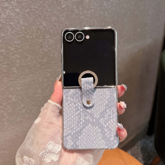 for Samsung Galaxy Z Flip 5 Case with Diamond Finger Ring Buckle, Snake Texture PU Leather Phone Case, Shockproof Anti-Scratch Plating Protective Cover for Samsung Galaxy Z Flip 5, Blue