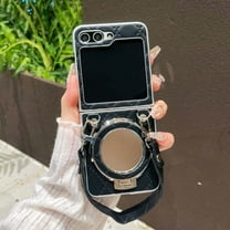 for Samsung Galaxy Z Flip 5 Case, Elegant PU Leather Back Cover with Plating Frame, Make-up Mirror, Magnetic Ring Kickstand & Hand Strap, Shockproof Protective Phone Cover, Black
