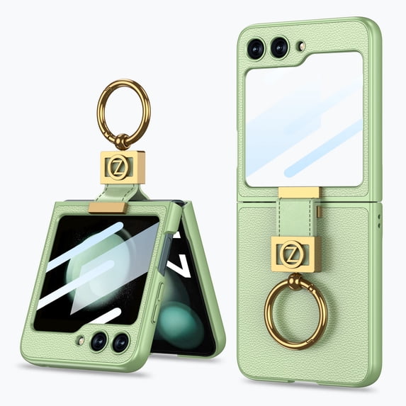 for Samsung Galaxy Z Flip 5 Case with Finger Ring, Soft PU Leather + Hard PC Shell Durable Anti-Scratch Shockproof Protective Kickstand Slim Phone Case Cover with Screen Protector, Green