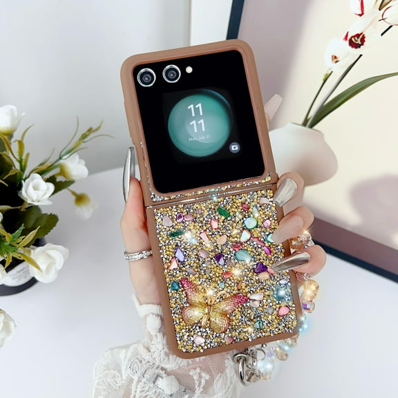 For Samsung Galaxy Z Flip 5 Case, Galaxy Z Flip 5 Cover 6.7",  Flash diamond 3D Full Body Gemstone stone butterfly With a bracelet for Women Girls Crystal Anti-Shock Phone Case,Gold