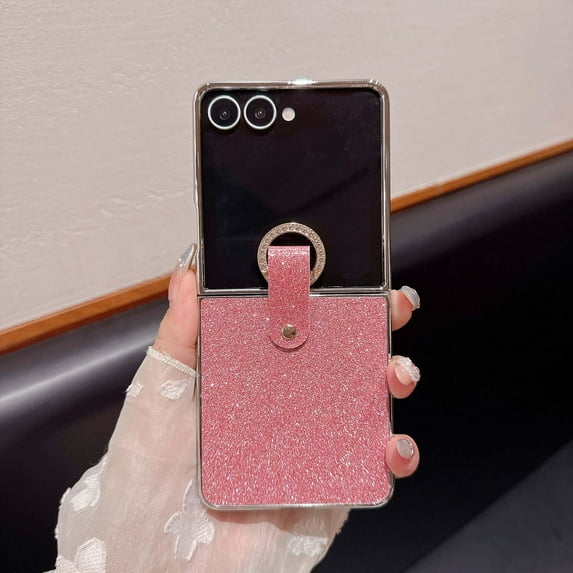 for Samsung Galaxy Z Flip 5 Case for Girls, Glitter Back with Plating Frame, Diamond Sparkly Finger Ring, Shockproof & Drop Protective Lightweight Ultra Slim Anti-Scratch Phone Case, Pink