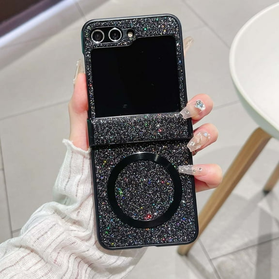 for Samsung Galaxy Z Flip 5 Case for Girls & Women, Luxury Bling Glitter Sparkly Protective Cover with Hinge Protection Magnetic Shockproof Stylish Slim Fit Lightweight Phone Case, Black