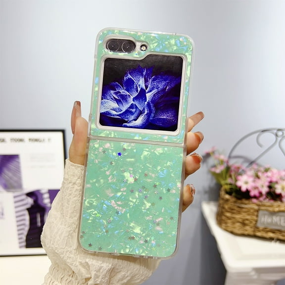 Samsung Galaxy Z Flip 5 Case for Girls Women,Luxury Cute Glitter Crystal Pearl TPU Bumper,Slim Soft Shockproof Bling Lightweight Protective Phone Case for Samsung Galaxy Z Flip 5 - Green