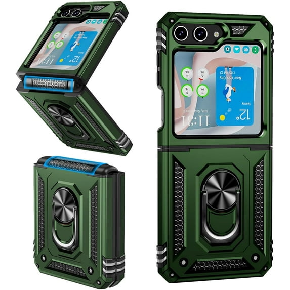 for Samsung Galaxy Z Flip 5 Case with Hinge Protection and 360°Rotate Ring Magnetic Kickstand, Samsung Z Flip 5 Phone Case for Samsung Galaxy Z Flip 5 5G (ArmyGreen)