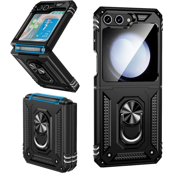 for Samsung Galaxy Z Flip 5 Case with Hinge Protection and 360°Rotate Ring Magnetic Kickstand, Samsung Z Flip 5 Phone Case for Samsung Galaxy Z Flip 5 5G (Black)