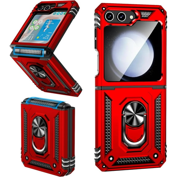 for Samsung Galaxy Z Flip 5 Case with Hinge Protection and 360°Rotate Ring Magnetic Kickstand, Samsung Z Flip 5 Phone Case for Samsung Galaxy Z Flip 5 5G (Red)